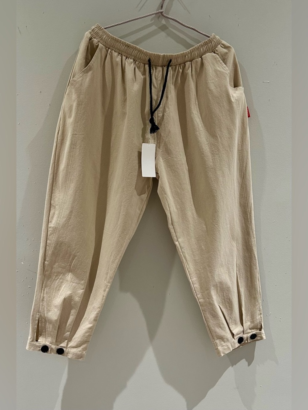 Beige Cotton Elastic Waist Relaxed Tapered Pants Men’s Tagged 3XL(Asian sizing)